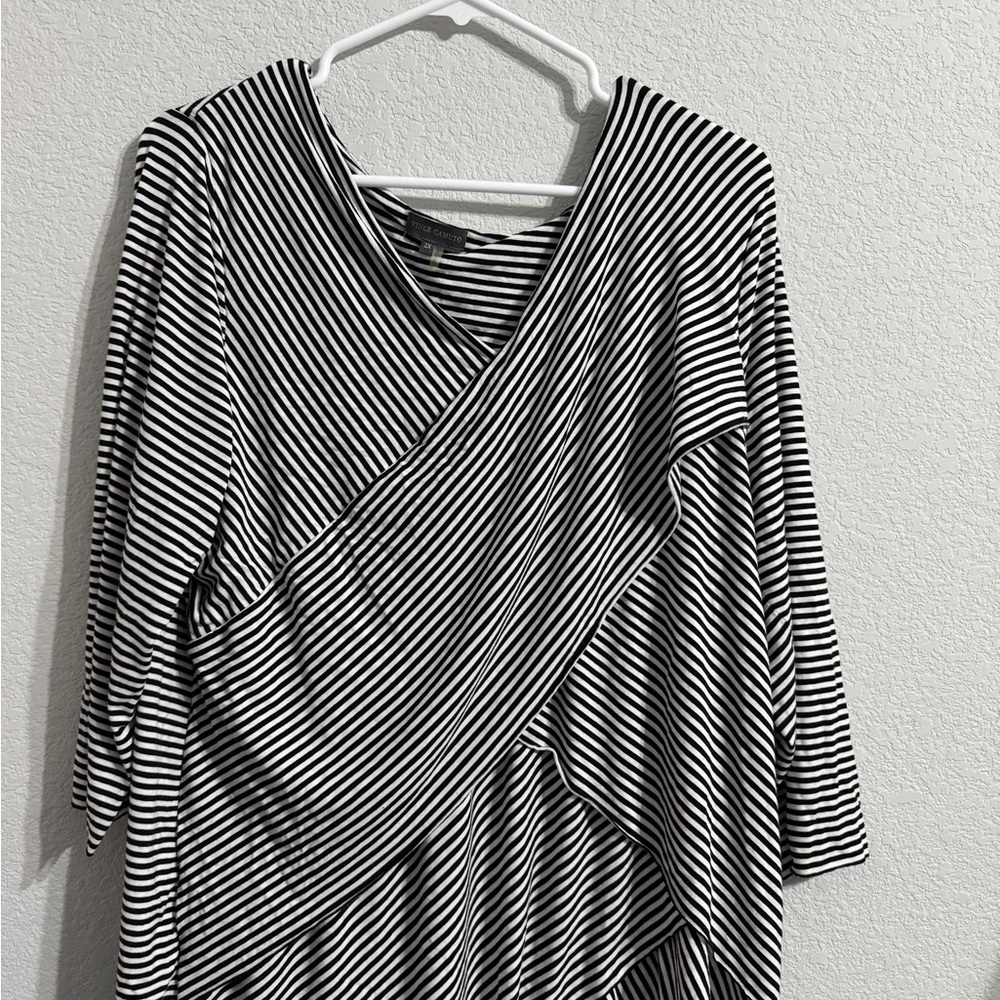 Vince Camuto Black & White Striped Wrap-Style Long Sleeve Top